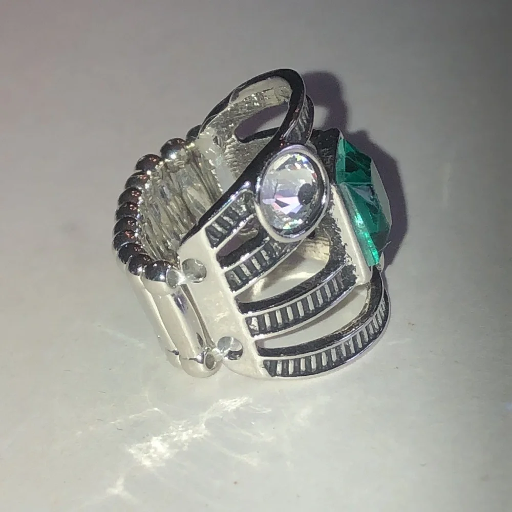 Silver Tone Ring with Green Center Stone and Clear Accents
